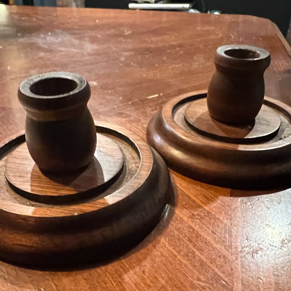 Vintage Primitive Wooden Pair of Turned Rustic Candlestick Holders Farmhouse